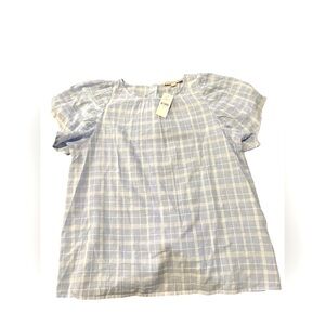 NWT LOFT Sky Blue Checkered Puff Sleeve Back Button Top Size Small